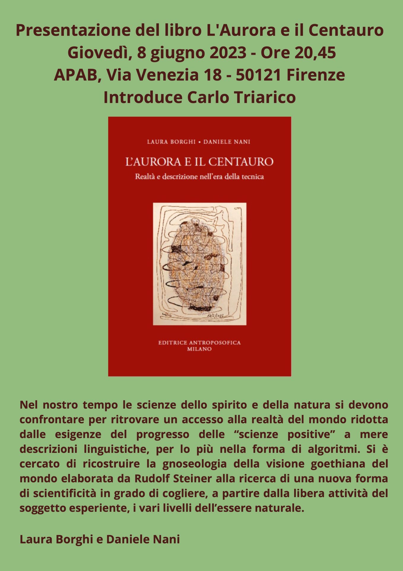 Presentazione a Firenze l’8 giugno 2023 del libro L’Aurora e il Centauro