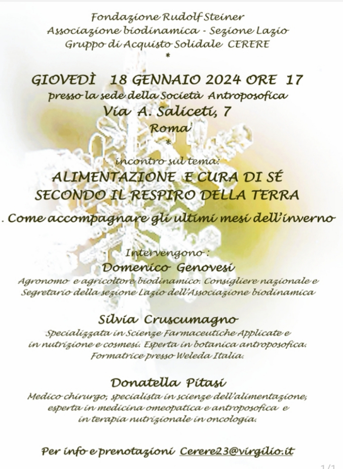 Sezione Lazio dell’Associazione Biodinamica. Incontro su Alimentazione e cura di sé secondo i ritmi della Terra