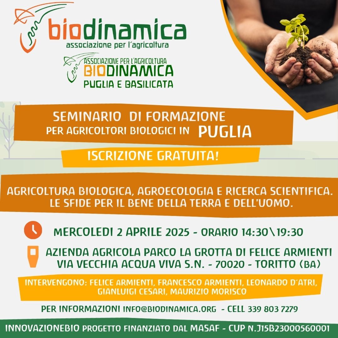 Seminario gratuito per agricoltori bio in Puglia – 2 aprile 2025 a Toritto (Bari)