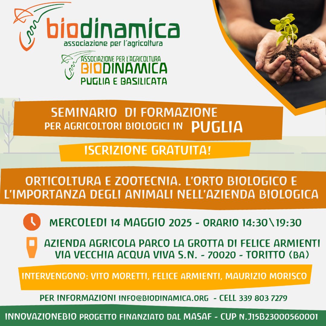 14 maggio 2025 – Seminario gratuito in Puglia: orticoltura, zootecnia e ruolo degli animali in un’azienda biologica