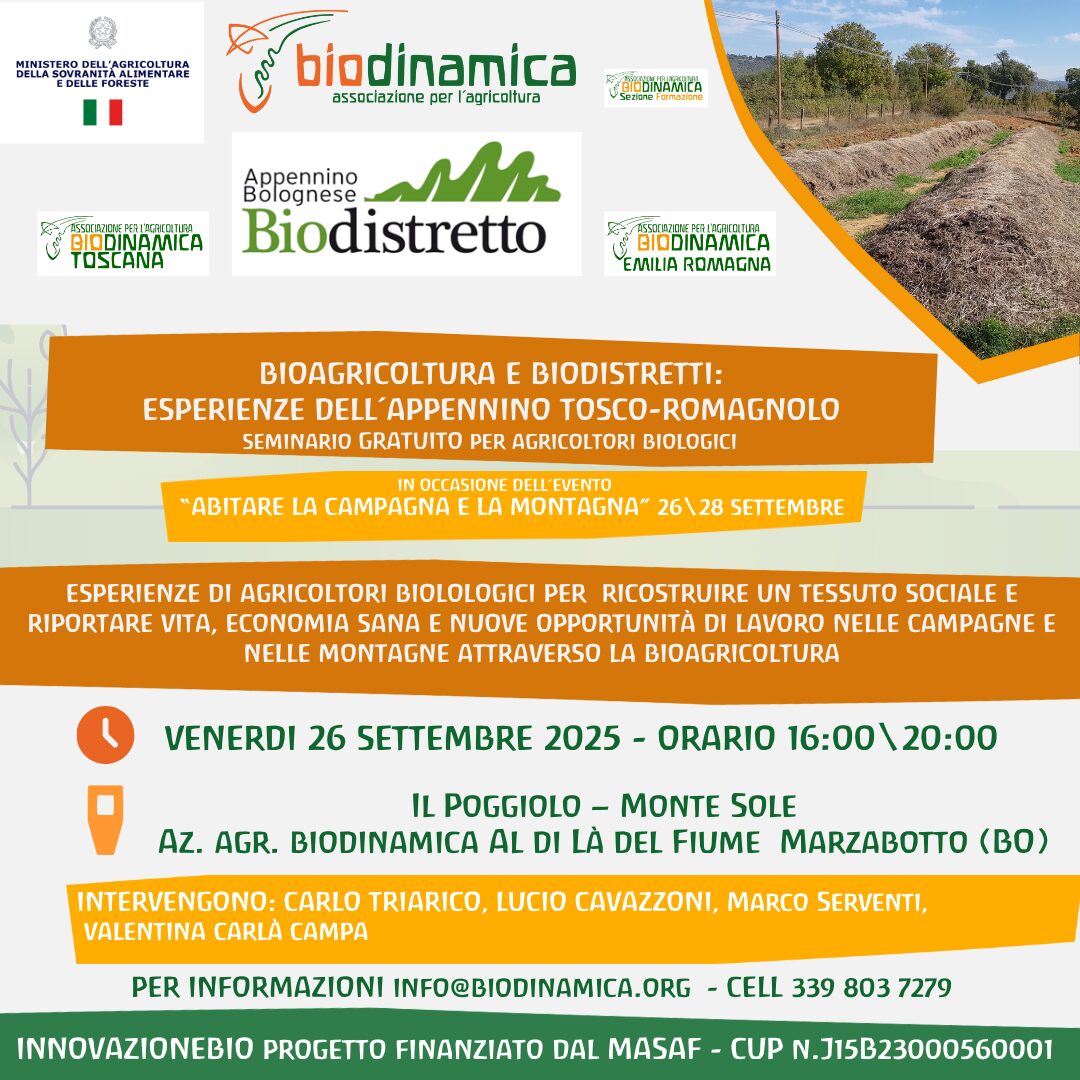 Bioagricoltura e Biodistretti. Seminario gratuito, 26 settembre 2025, Marzabotto (BO)