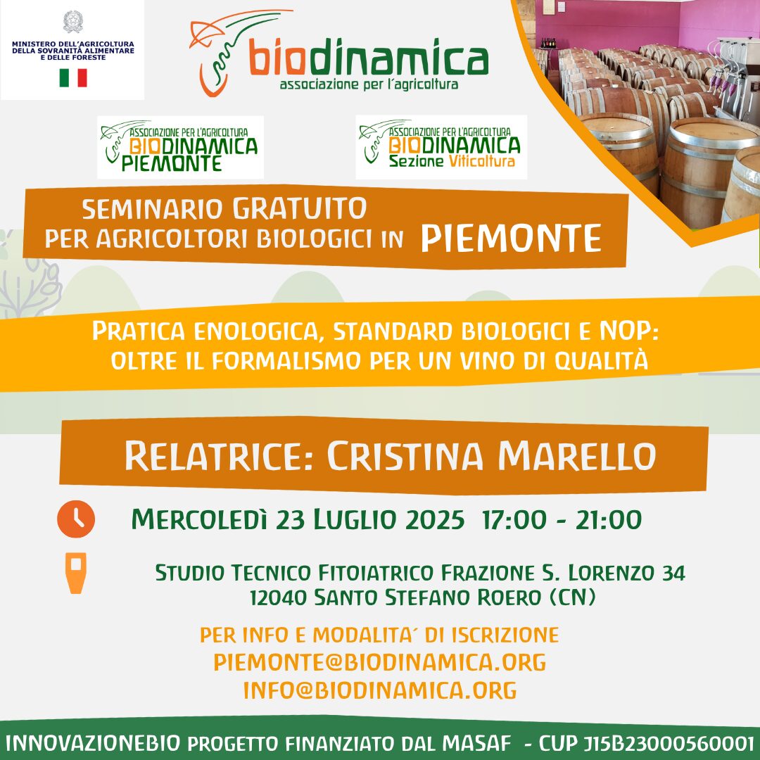 23 luglio 2025 in Piemonte Seminario gratuito: Pratica enologica, standard biologici e NOP: oltre il formalismo per un vino di qualità