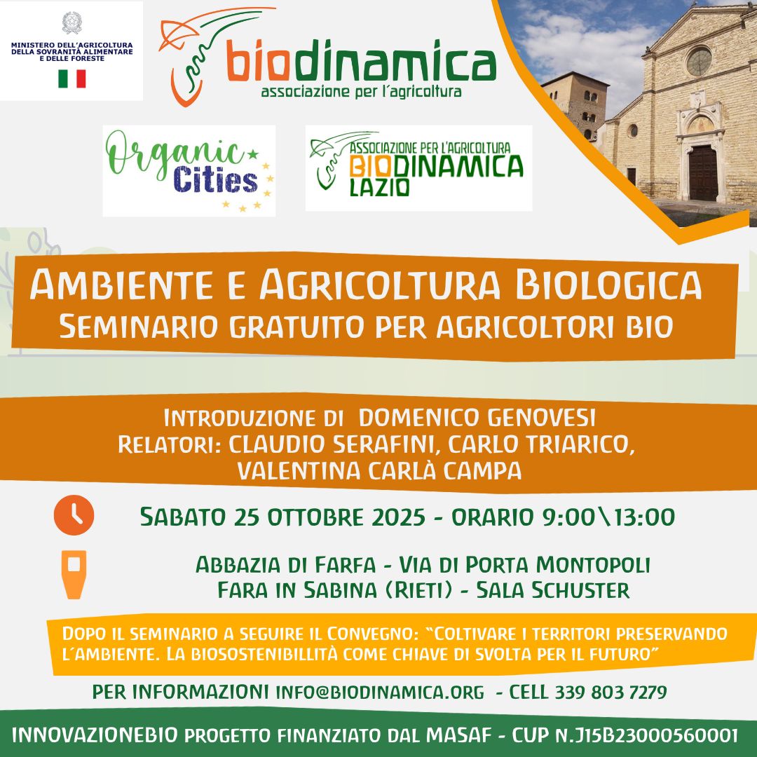 25 ottobre 2025 Seminario gratuito per agricoltori bio all’abbazia di Farfa – Ambiente e Agricoltura Biologica