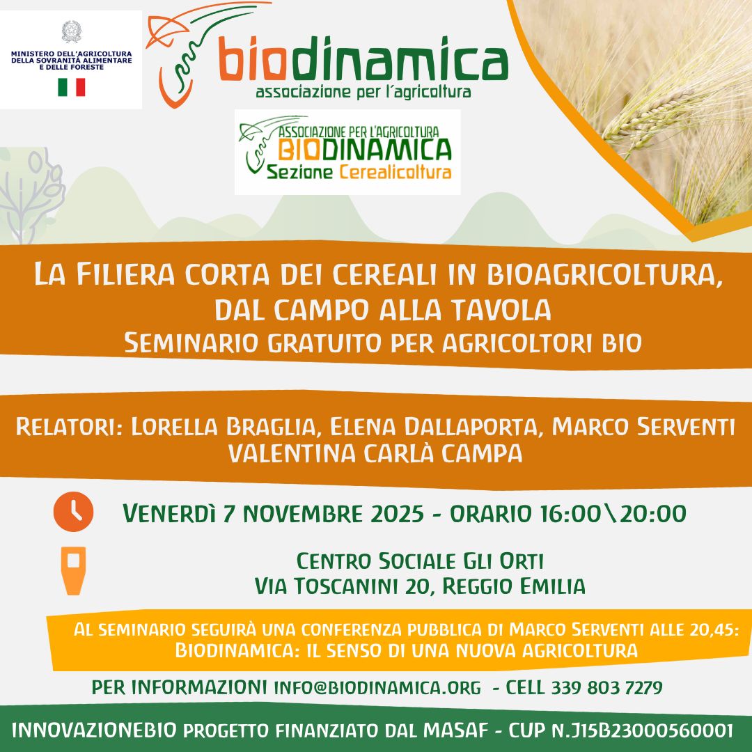 7 novembre 2025  Reggio Emilia Seminario GRATUITO La filiera corta dei cereali in bioagricoltura, dal campo alla tavola
