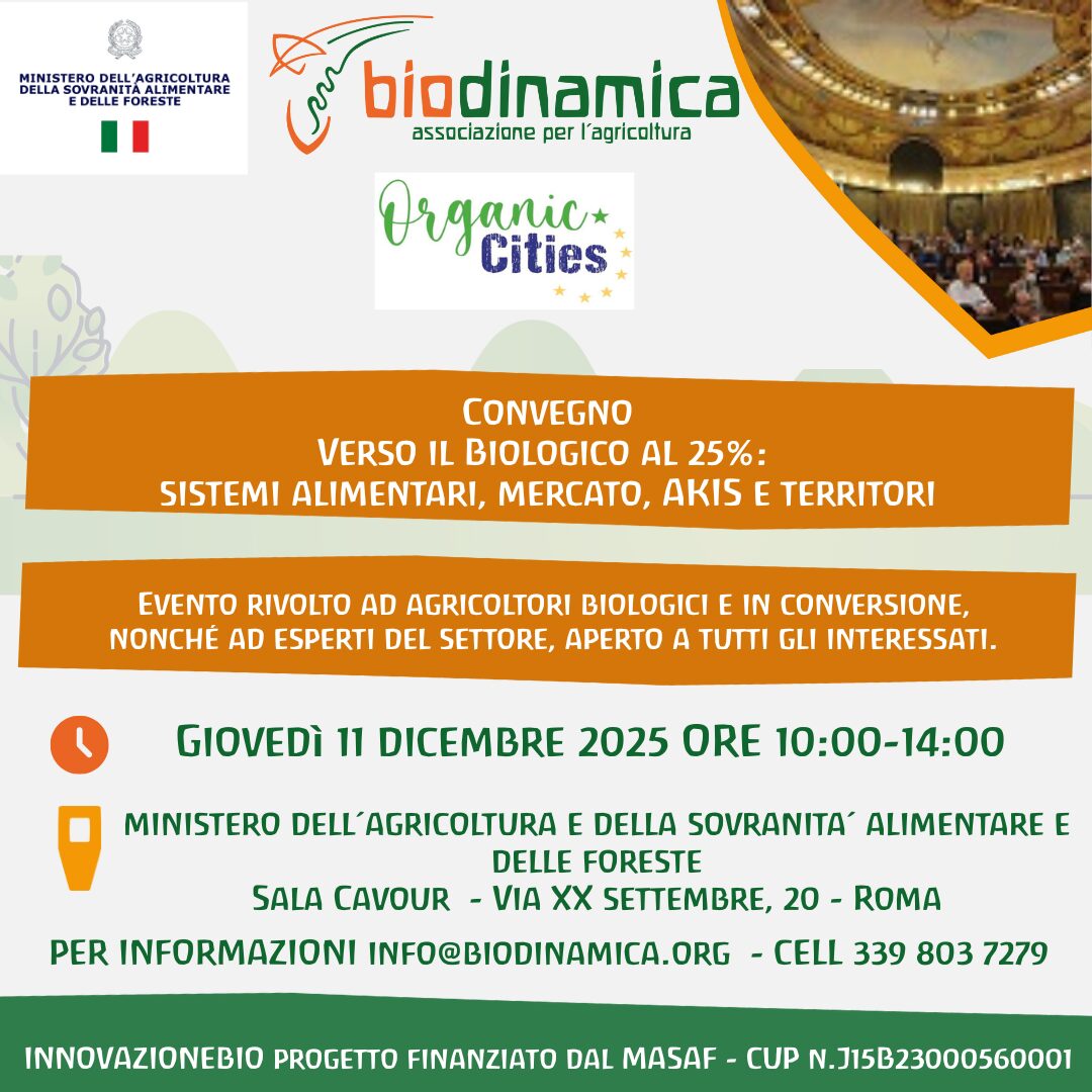 11 dicembre 2025 Convegno GRATUITO a Roma – Verso il Biologico al 25%:  sistemi alimentari, mercato, AKIS e territori