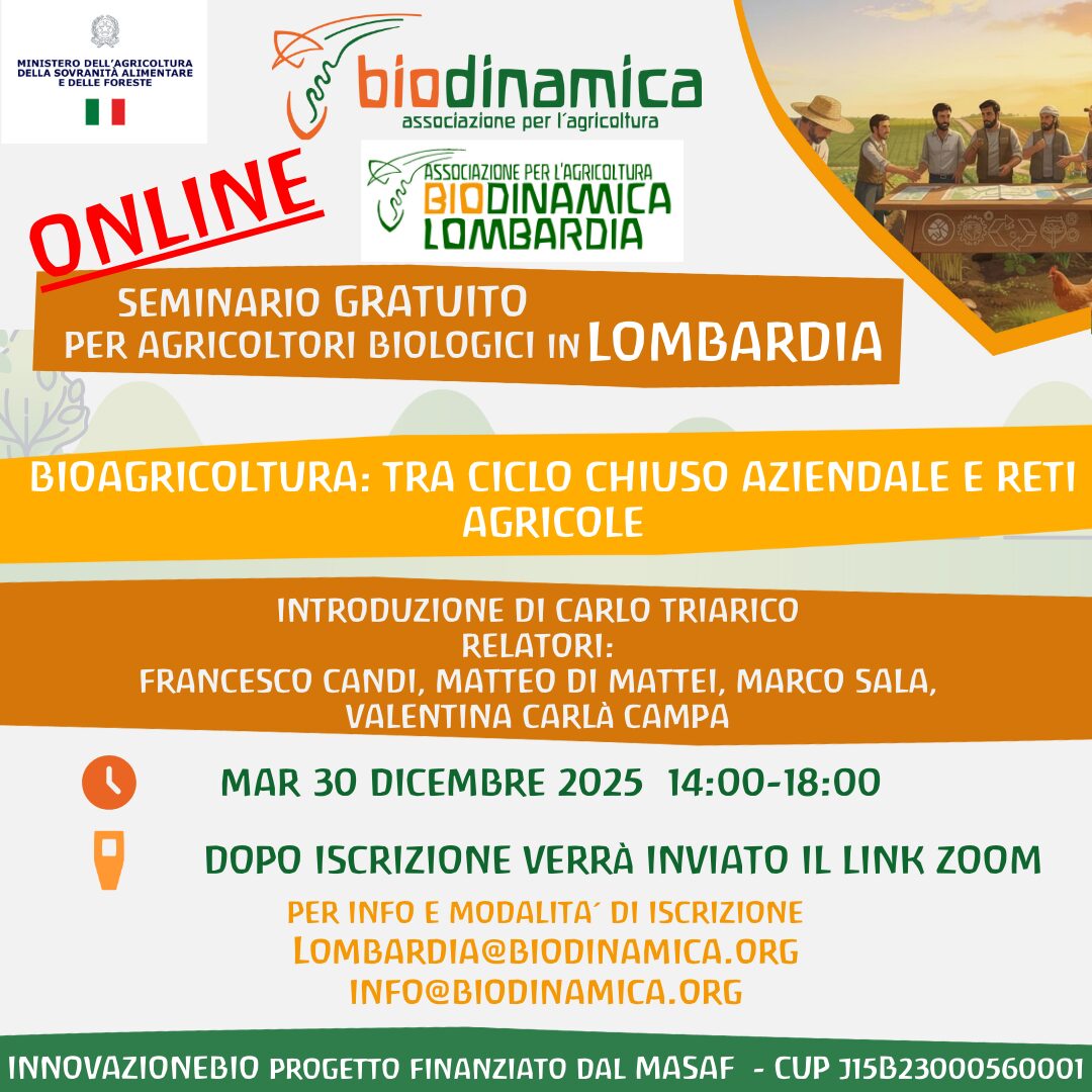 30 dicembre 2025 nuovo seminario ONLINE GRATUITO dalla Lombardia: Bioagricoltura tra ciclo chiuso aziendale e reti agricole