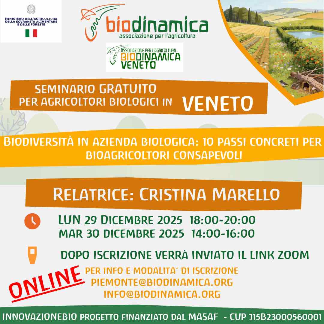 29 e 30 dicembre 2025 Seminario ONLINE GRATUITO in Veneto: Biodiversità in azienda: 10 passi concreti per bioagricoltori consapevoli