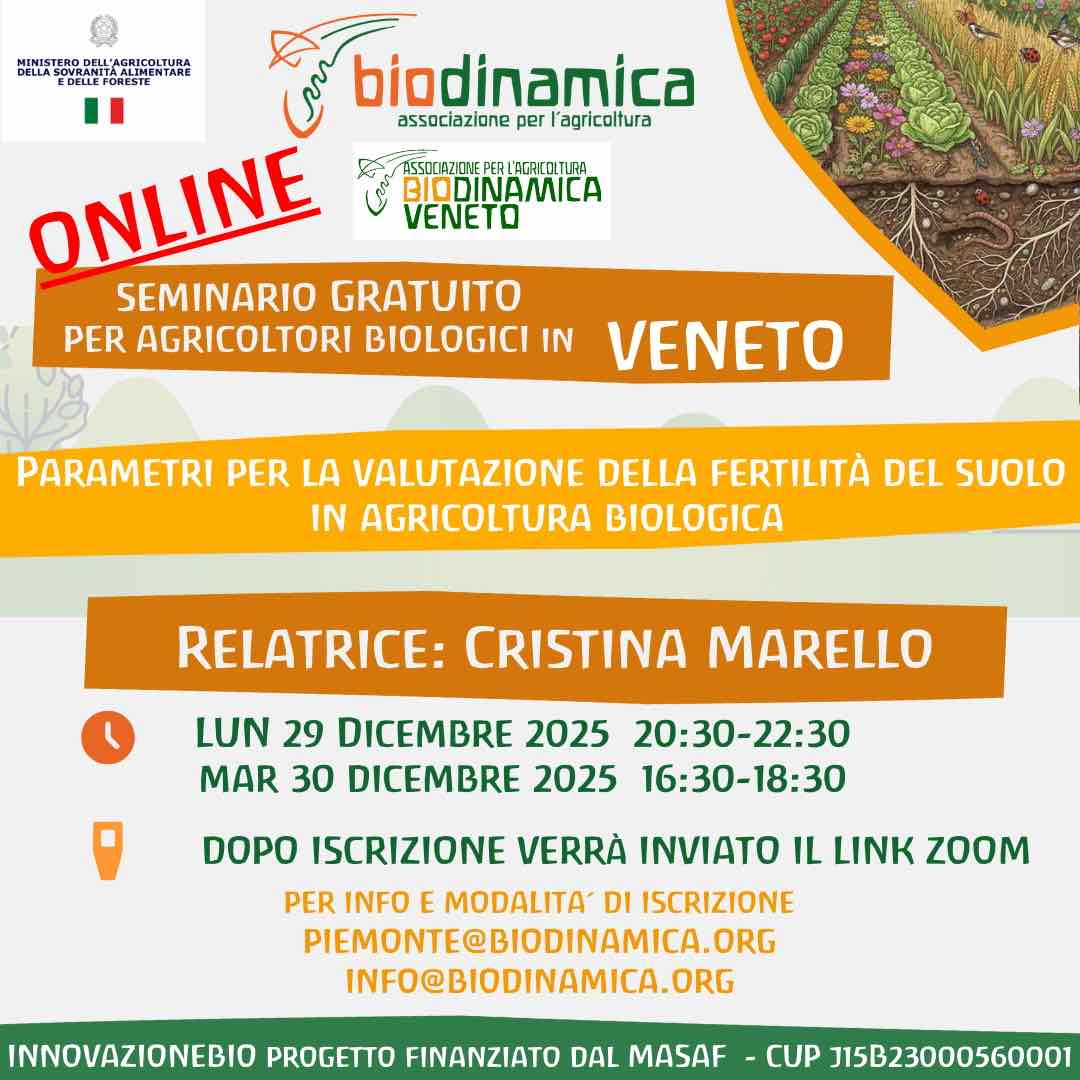 29 e 30 dicembre 2025 – Seminario ONLINE GRATUITO dal Veneto: Parametri per la valutazione della fertilità del suolo  in agricoltura biologica