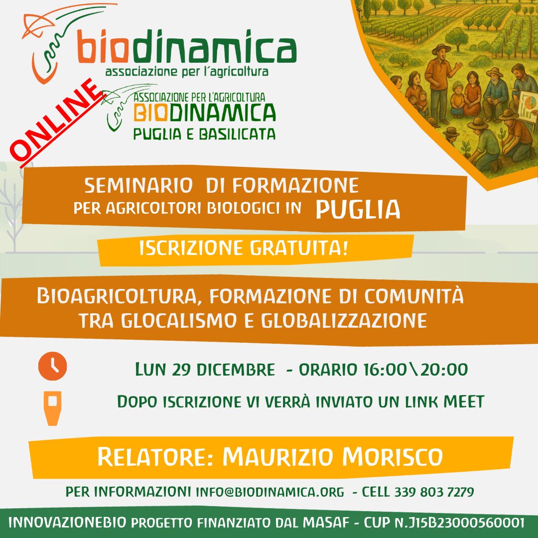 29 dicembre 2025 Seminario ONLINE GRATUITO dalla Puglia: BIOAGRICOLTURA, FORMAZIONE DI COMUNITA TRA GLOCALISMO E GLOBALIZZAZIONE
